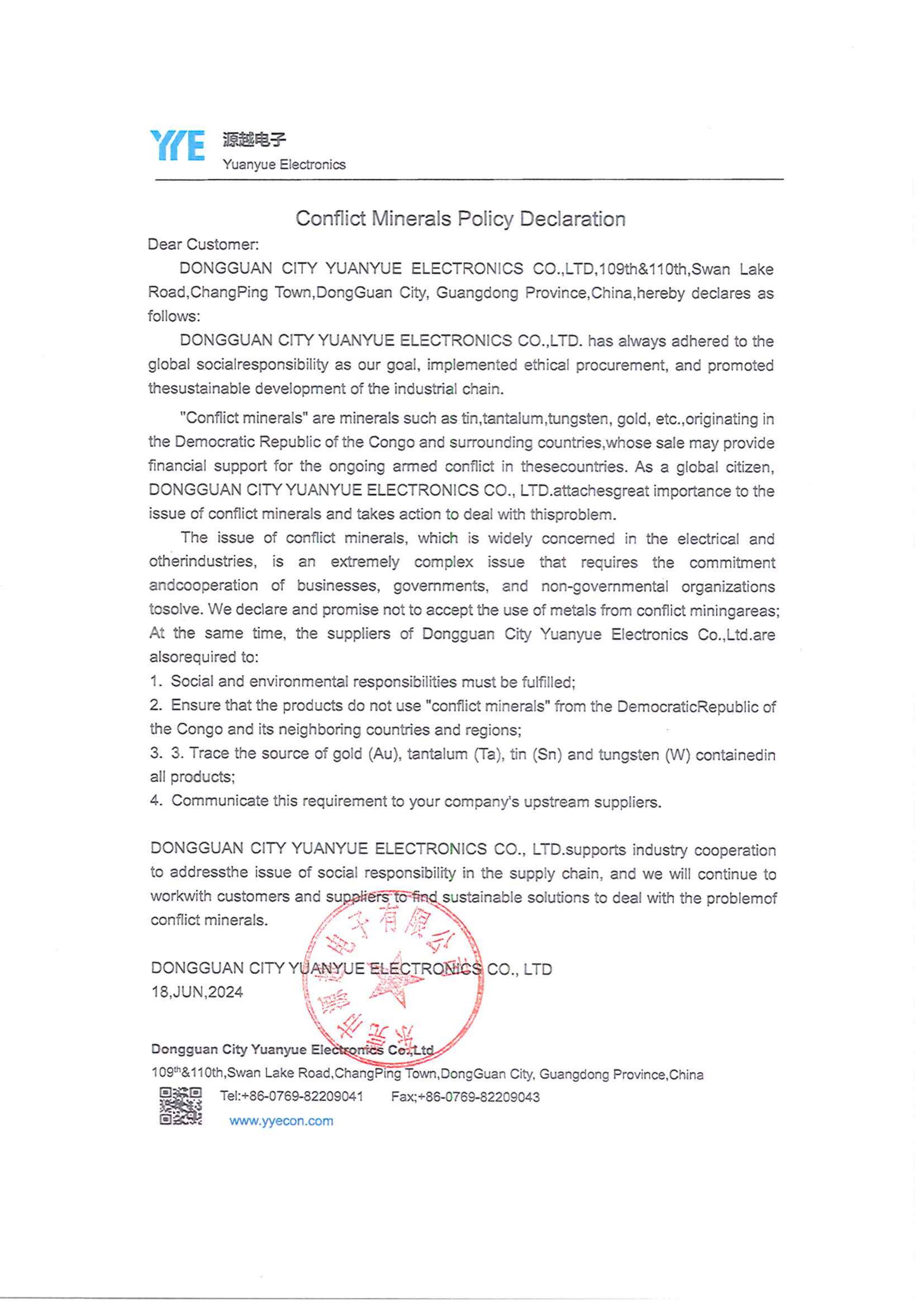 YYE Conflict Minerals Policy Declaration