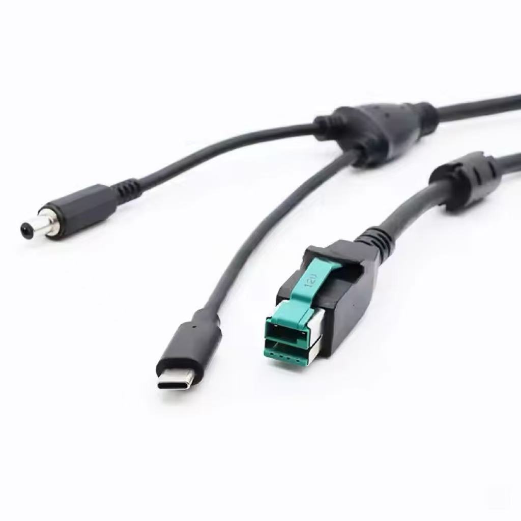 Powered USB 12V to DC 5.5×2.1mm+USB Type -C Cable for IBM Terminal Peripheral Cable