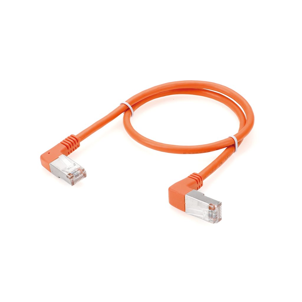 Dual 90-Degree Right-Angle Cat6 Shielded Ethernet Cable in Vivid Orange for Flush Mounted Smart HMIs and Shallow Networking Cabinets