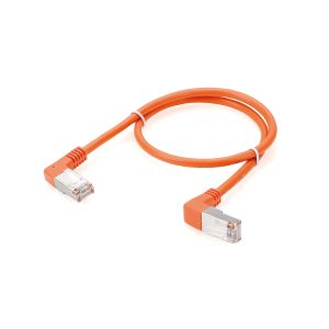 Dual 90-Degree Right-Angle Cat6 Shielded Ethernet Cable in Vivid Orange for Flush Mounted Smart HMIs and Shallow Networking Cabinets