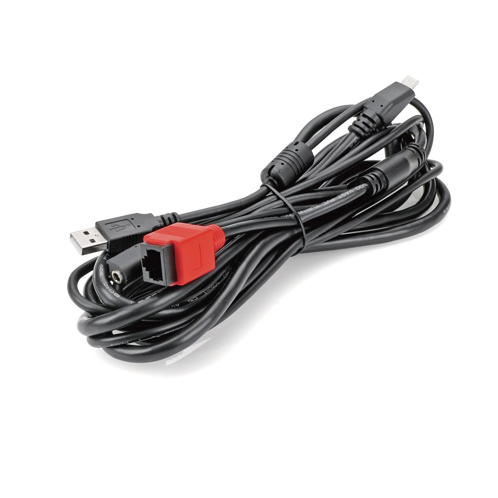 Multi-Interface Industrial Cable Assembly with USB, Red Molded RJ45, and 3.5mm Audio for Production Line Testing & Diagnostic Equipment